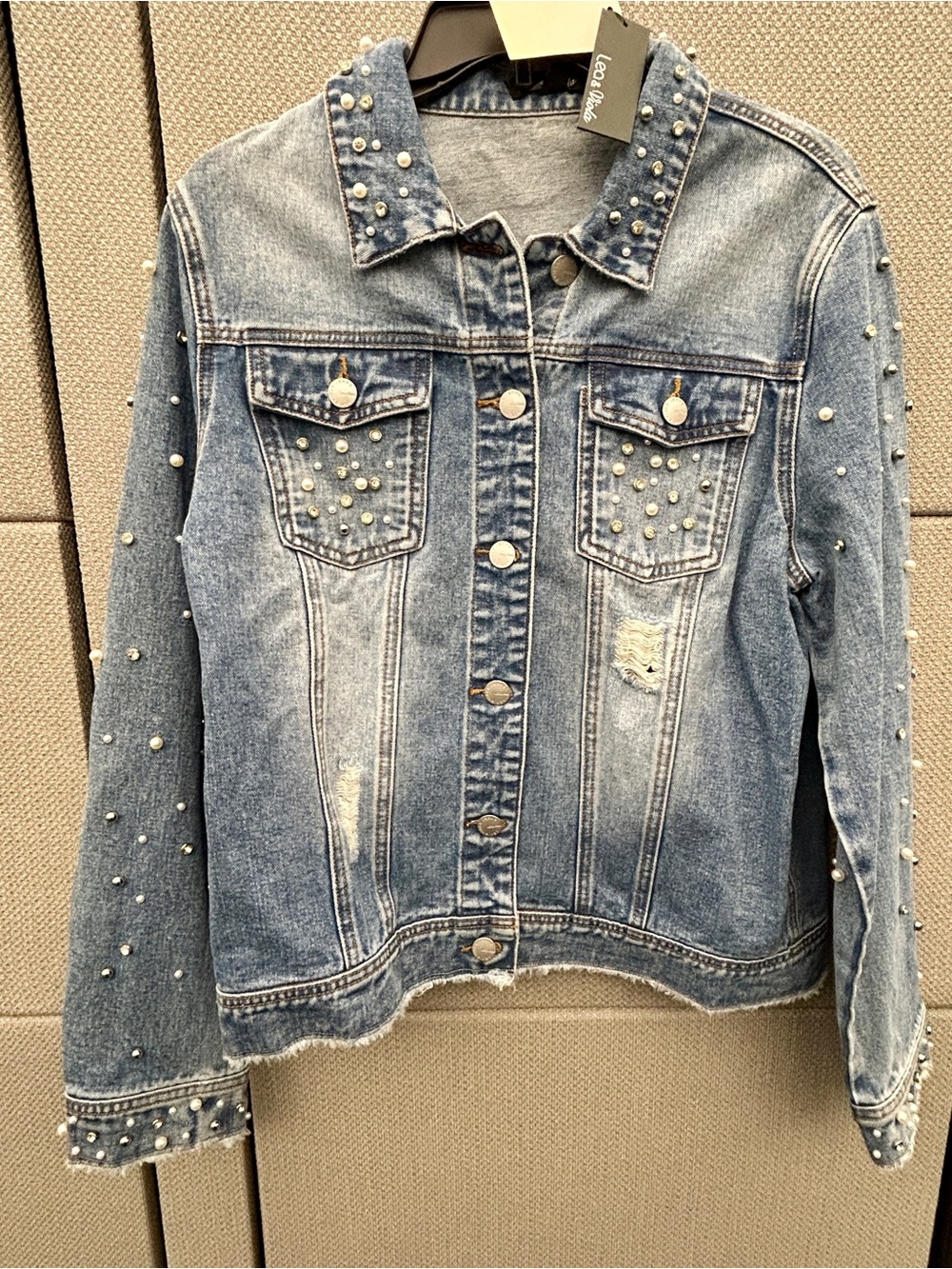 Lea & Viola Pearl-Embellished Light Blue Denim Jacket size S NWT